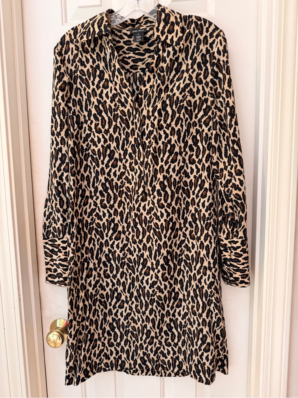 Nine West Silk Leopard Print Long Sleeve Dress, Black,Brown,Tan, Qtr Button Sz 4 - Picture 8 of 14